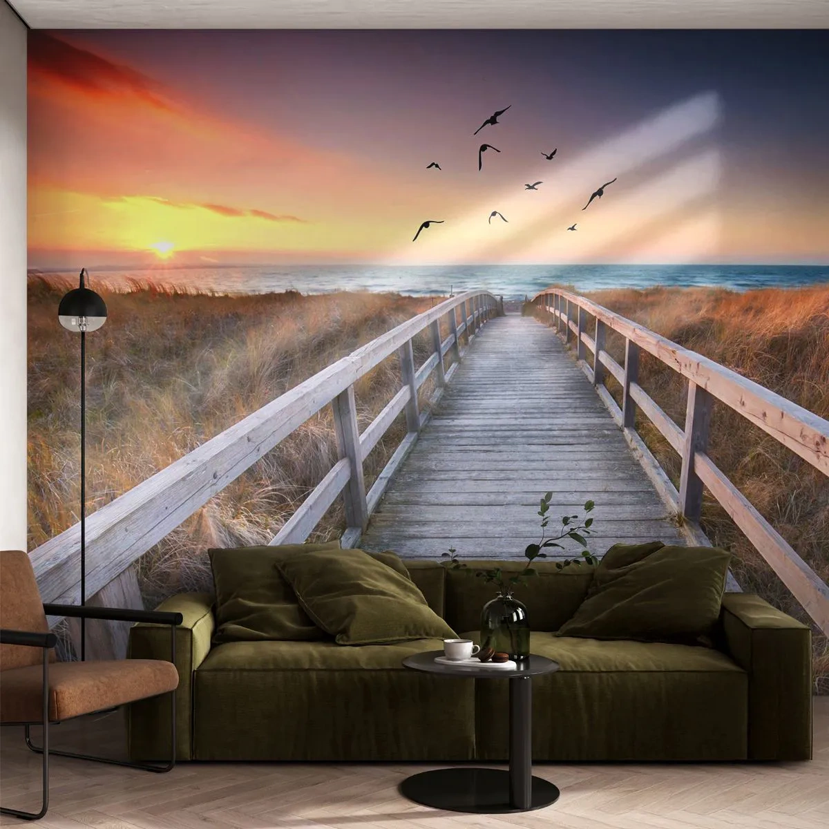 Fototapeta Premium Sand - Drewniana ścieżka na plażę o zachodzie słońca - 100x70cm - Przestrzeń wzlotów - Nowoczesna dekoracja ścienna do salonu, kuchni i sypialni ARTTOR