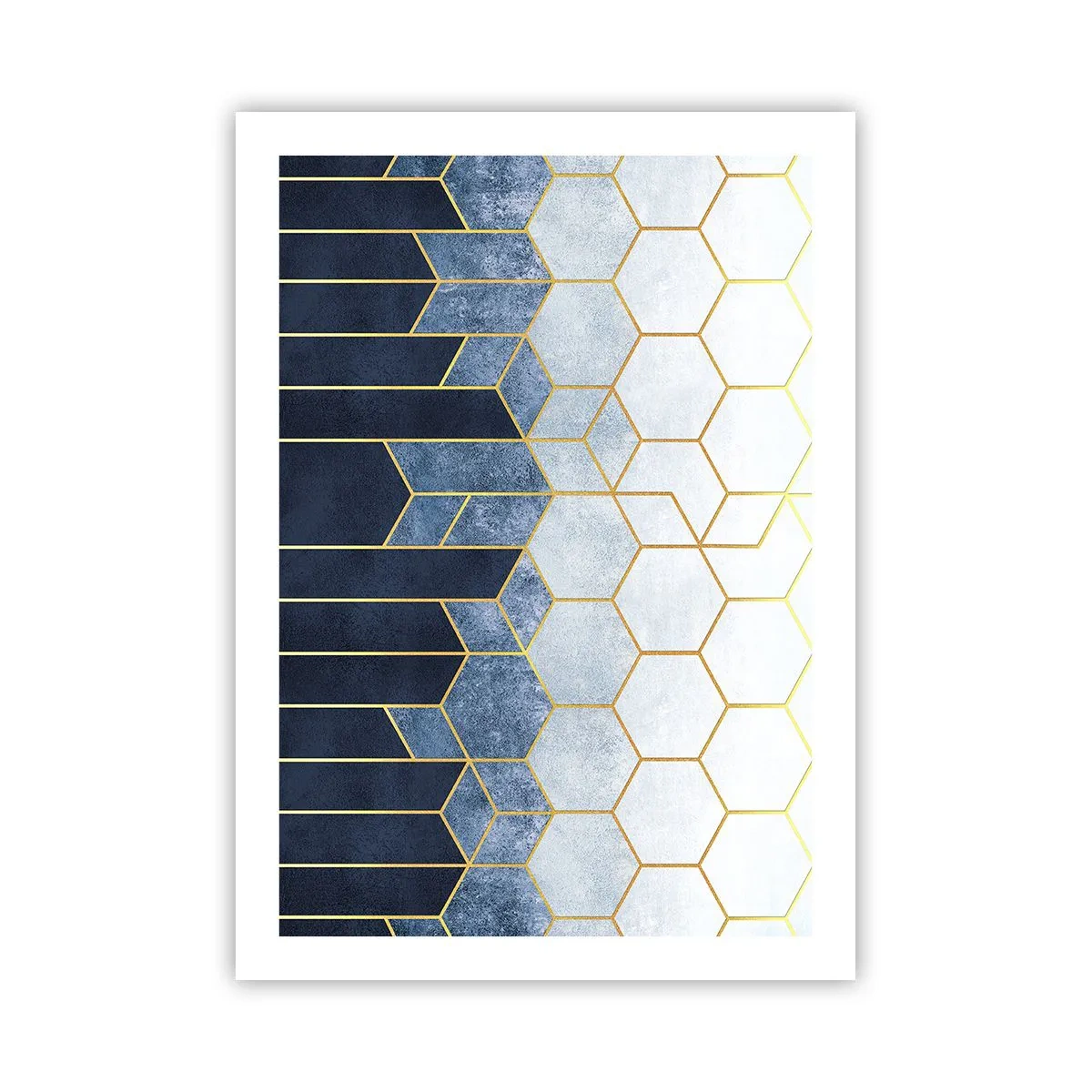 Plakat - Geometryczna kompozycja w odcieniach granatu i złota z heksagonami - 50x70cm - Kompozycja w synkopowym rytmie - Nowoczesna dekoracja ścienna do salonu, kuchni i sypialni ARTTOR