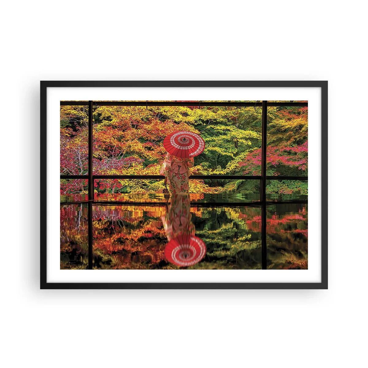 Plakat w czarnej ramie - Kobieta w kimonie z parasolem na tle jesiennego krajobrazu - 70x50cm - W świątyni natury - Nowoczesna dekoracja ścienna do salonu i sypialni ARTTOR