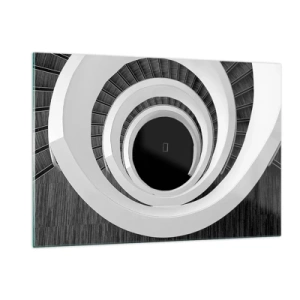 Obraz na szkle - Spiralne schody w czerni i bieli z perspektywy z góry - 120x80cm - Do istoty rzeczy - Nowoczesna dekoracja ścienna do salonu, kuchni i sypialni ARTTOR