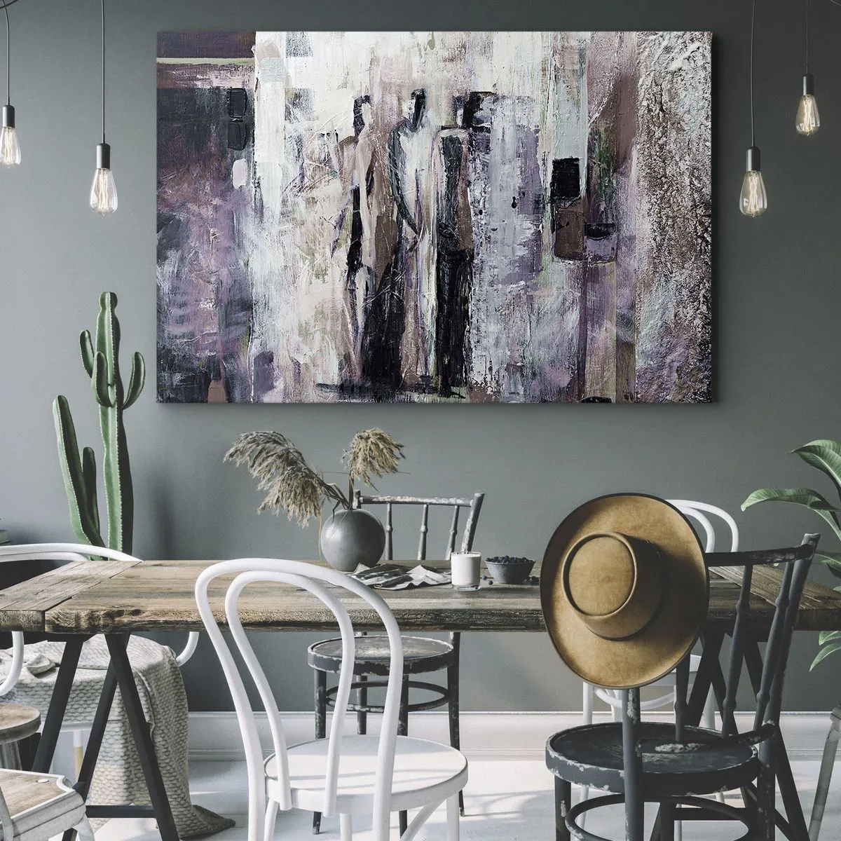 Obraz na płótnie - Abstrakcyjna kompozycja z trzema postaciami w pastelowych barwach - 70x50cm - Tajemnicza trójka - Nowoczesna dekoracja ścienna do salonu i sypialni ARTTOR