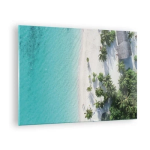Obraz na szkle - Tropikalna plaża z palmami i turkusowym morzem z lotu ptaka - 70x50cm - Wakacje w raju - Nowoczesna dekoracja ścienna do salonu i sypialni ARTTOR