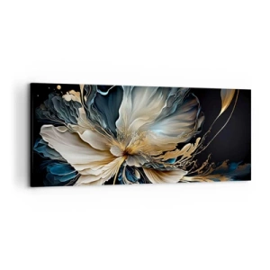 Obraz na płótnie - Kwiat w odcieniach złota i granatu na czarnym tle - 120x50cm - Baśniowy kwiat paproci - Nowoczesna dekoracja ścienna do salonu i sypialni ARTTOR