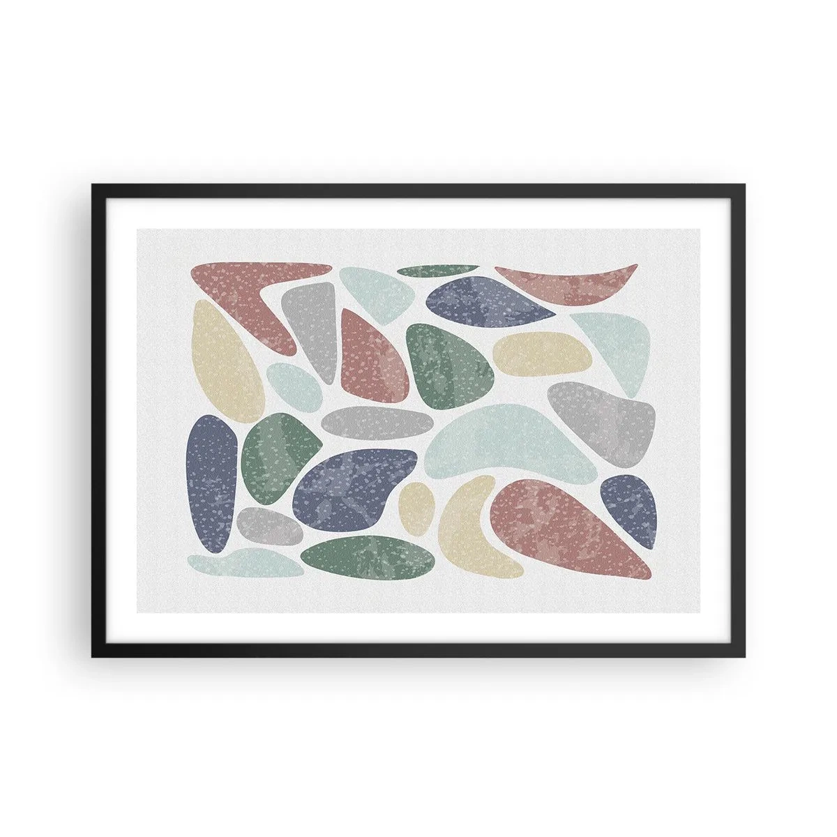 Plakat w czarnej ramie - Kolorowe organiczne kształty na białym tle - 70x50cm - Mozaika pudrowanych barw - Nowoczesna dekoracja ścienna do salonu i sypialni ARTTOR