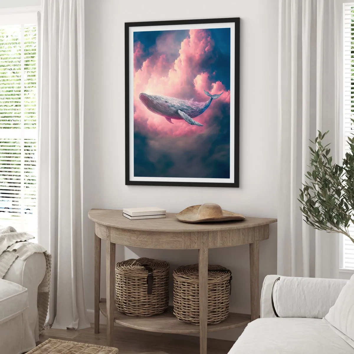 Plakat w czarnej ramie - Latający wieloryb wśród różowych chmur o zachodzie słońca - 50x70cm - Przetrzyj oczy - Nowoczesna dekoracja ścienna do salonu i sypialni ARTTOR