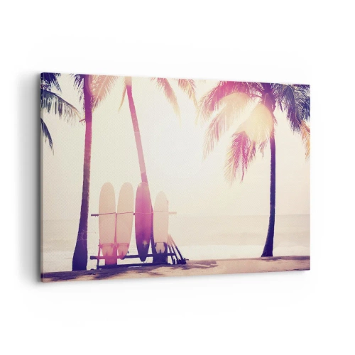 Obraz na płótnie - Palmy i deski surfingowe na plaży w promieniach słońca - 120x80cm - To będzie wspaniały dzień - Nowoczesna dekoracja ścienna do salonu, kuchni i sypialni ARTTOR