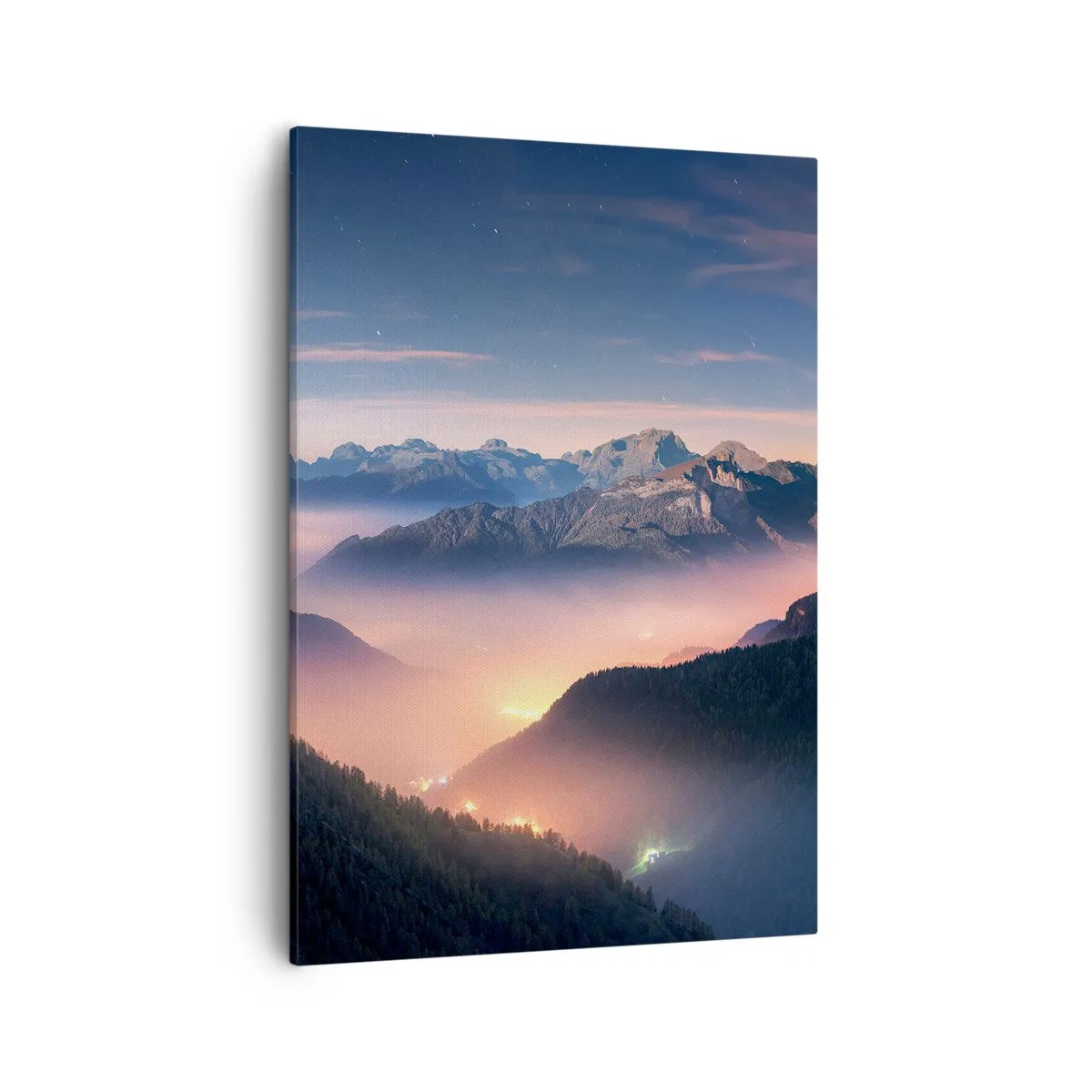 Obraz na płótnie - Górski krajobraz o zachodzie słońca z mgłą i światłami doliny - 50x70cm - Światło w dolinach - Nowoczesna dekoracja ścienna do salonu, kuchni i sypialni ARTTOR