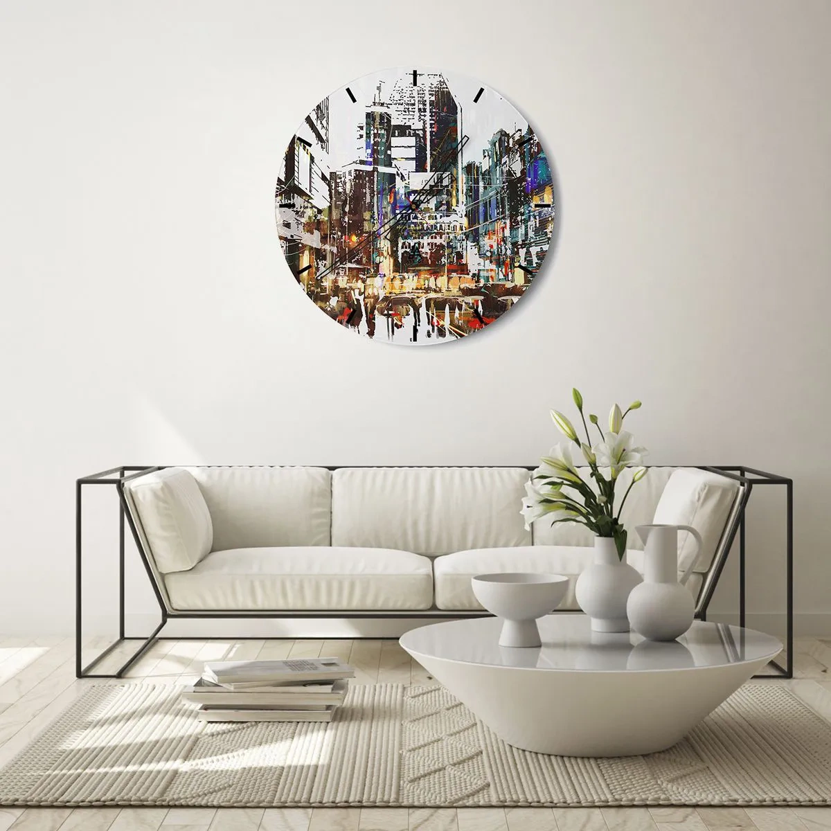 Zegar ścienny - Abstrakcyjna panorama miasta w intensywnych kolorach - 30x30cm - Miasto migotliwe - Nowoczesna dekoracja ścienna do salonu, kuchni i sypialni ARTTOR