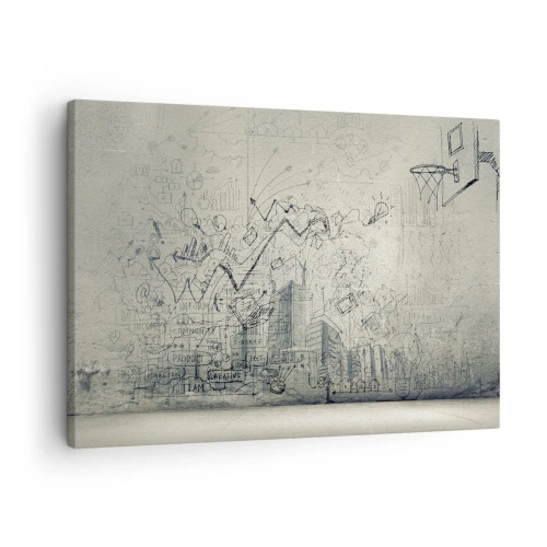 Obraz na płótnie - Rysunki i schematy na tle surowej ściany - 70x50cm - Moje wspaniałe miejskie życie - Nowoczesna dekoracja ścienna do salonu i sypialni ARTTOR