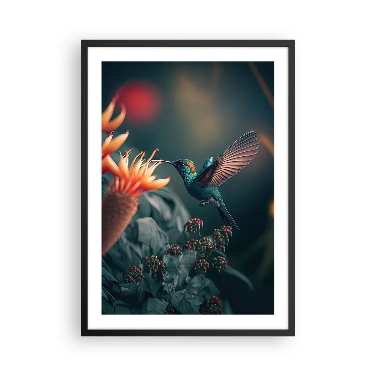 Plakat w czarnej ramie - Kolorowy koliber przy kwiatach wśród zieleni - 50x70cm - naprawdę barwne życie - Nowoczesna dekoracja ścienna do salonu i sypialni ARTTOR