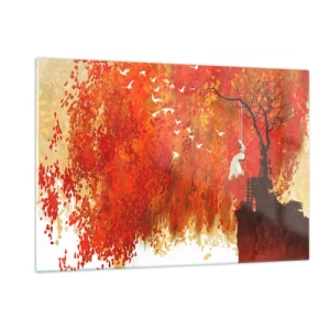 Obraz na szkle - Czerwone liście, samotne drzewo i ptaki na tle jesiennej sceny - 120x80cm - Poleci z nimi? - Nowoczesna dekoracja ścienna do salonu, kuchni i sypialni ARTTOR
