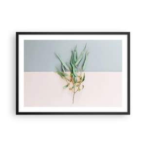 Plakat w czarnej ramie - Gałązka z liśćmi na tle pastelowych odcieni - 70x50cm - Pastelowa subtelność - Nowoczesna dekoracja ścienna do salonu i sypialni ARTTOR