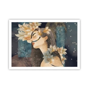 Plakat - Portret kobiety z kwiatami w artystycznym stylu na ciemnym tle - 100x70cm - Baśń o królewnie z liliami - Nowoczesna dekoracja ścienna do salonu i sypialni ARTTOR