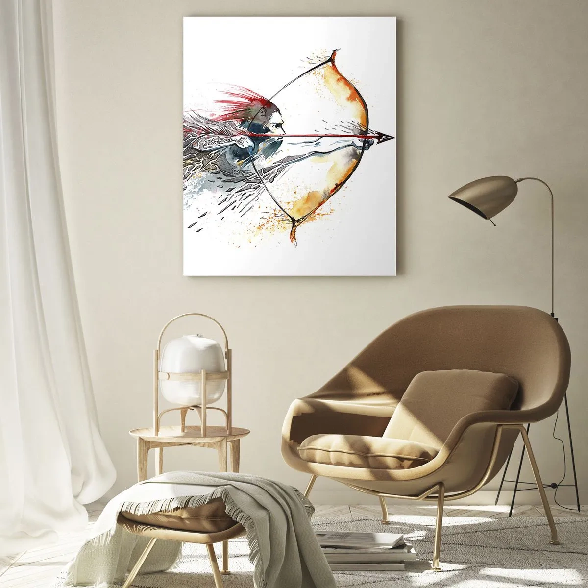 Obraz na szkle - Łucznik w dynamicznej akwarelowej scenerii - 50x70cm - Mityczny wojownik z ognistym łukiem - Nowoczesna dekoracja ścienna do salonu, kuchni i sypialni ARTTOR