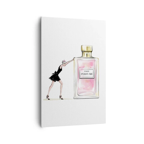 Obraz na płótnie - Kobieta w czarnej sukience przy flakonie perfum - 80x120cm - Esencja kobiecości - Nowoczesna dekoracja ścienna do salonu i sypialni ARTTOR