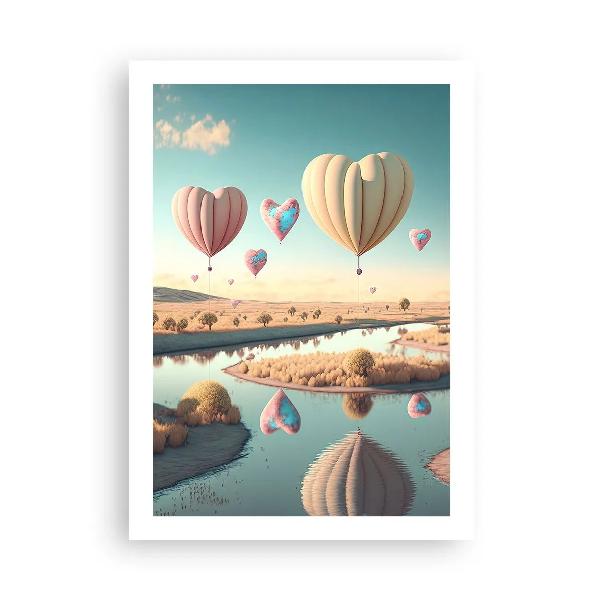 Plakat - Balony w kształcie serc unoszące się nad krajobrazem - 50x70cm - Miłość pozwala wznieść się - Nowoczesna dekoracja ścienna do salonu, kuchni i sypialni ARTTOR