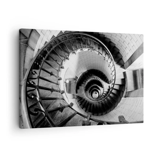 Obraz na płótnie - Czarno-biała fotografia spiralnych schodów z perspektywą z góry - 70x50cm - Wyżej i wyżej - Nowoczesna dekoracja ścienna do salonu i sypialni ARTTOR