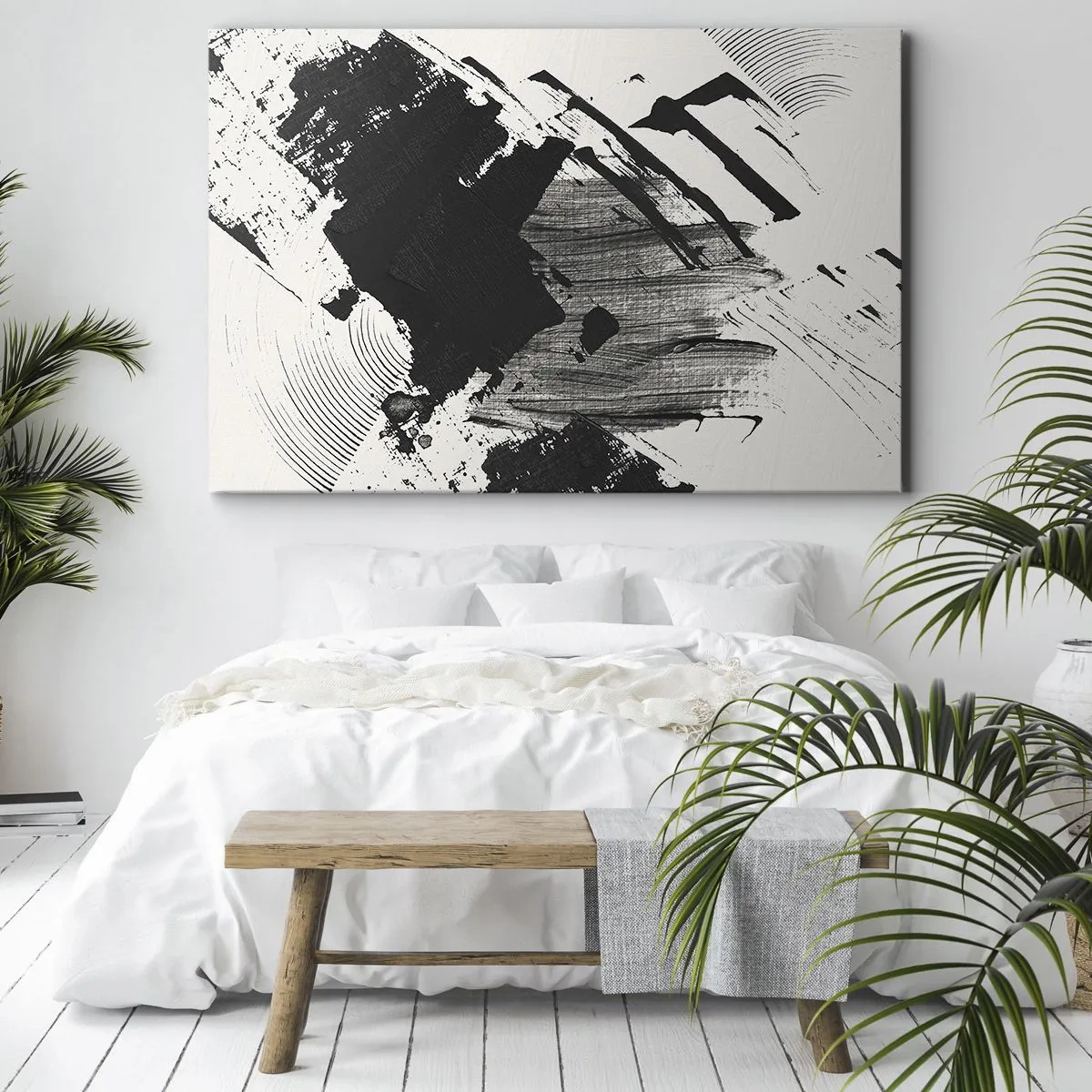 Obraz na płótnie - Abstrakcyjne pociągnięcia czerni na białym tle - 70x50cm - Abstrakcja – ekspresja czerni - Nowoczesna dekoracja ścienna do salonu i sypialni ARTTOR