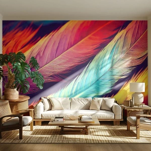 Fototapeta Premium Sand - Kolorowe pióra ułożone w układzie przypominającym tęczę - 100x70cm - Pierzasta tęcza - Nowoczesna dekoracja ścienna do salonu, kuchni i sypialni ARTTOR