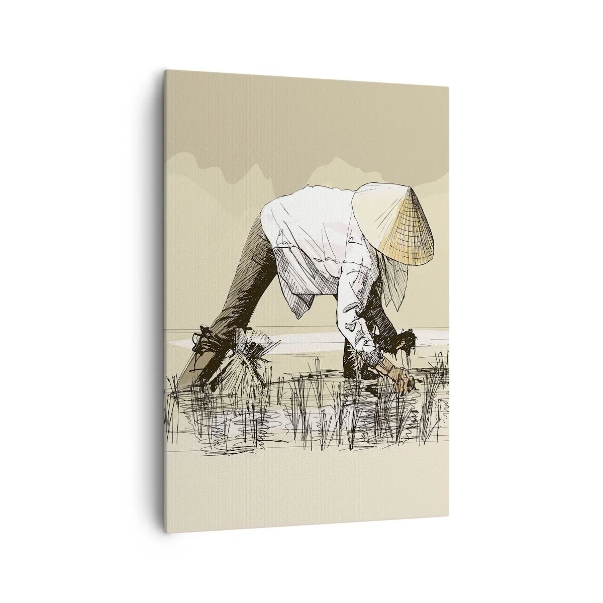 Obraz na płótnie - Pracujący rolnicy w polu ryżowym z tradycyjnymi nakryciami głowy - 70x100cm - Udanych zbiorów - Nowoczesna dekoracja ścienna do salonu i sypialni ARTTOR