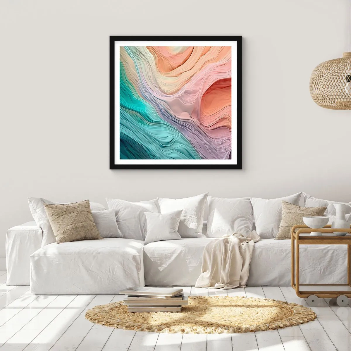 Plakat w czarnej ramie - Tęczowa fala - 50x50 cm