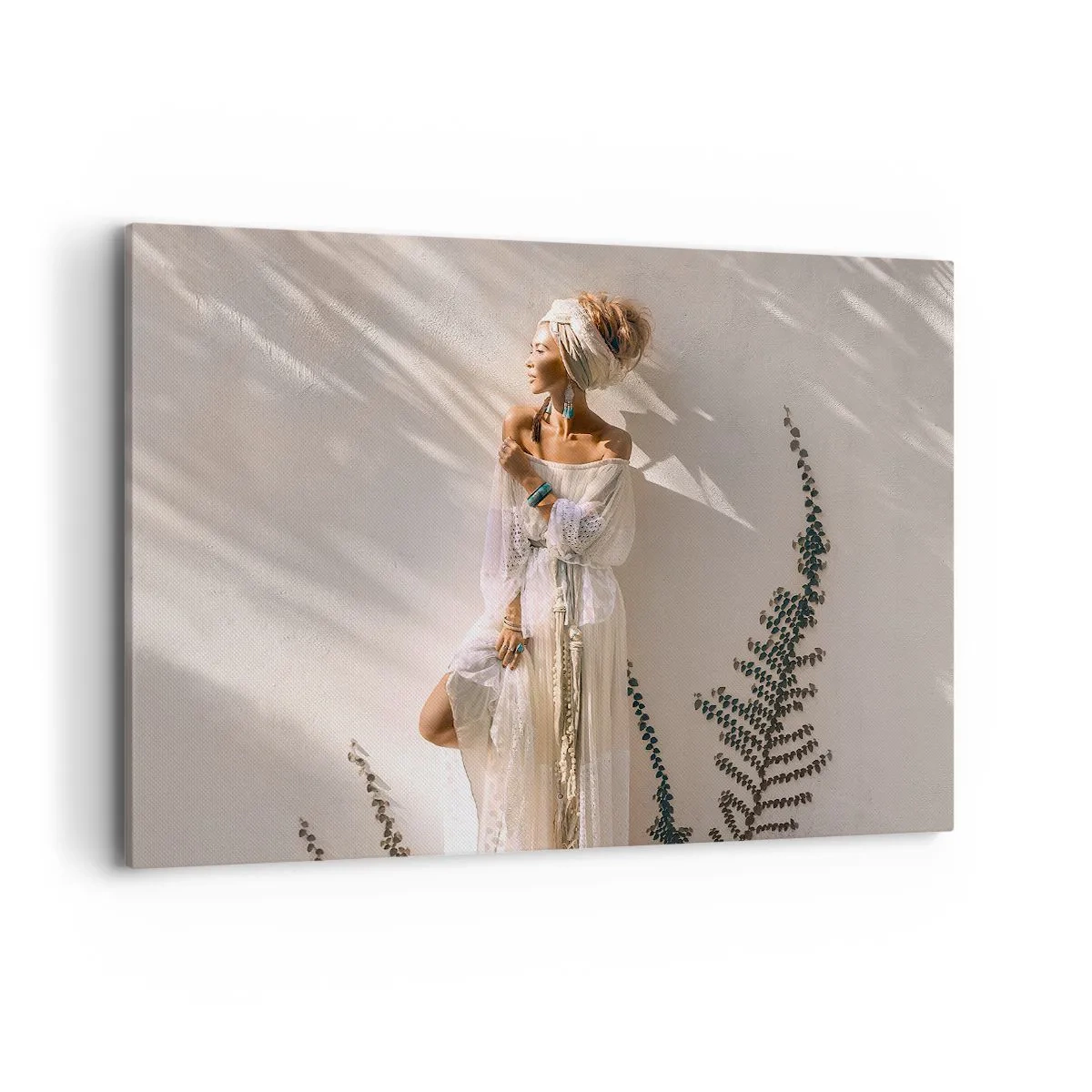 Obraz na płótnie - Kobieta w stylizacji boho oświetlona promieniami słońca - 120x80cm - Słońce i dziewczyna - Nowoczesna dekoracja ścienna do salonu, kuchni i sypialni ARTTOR