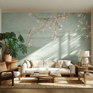 Fototapeta Standard Eco - Kwitnąca gałąź z ptakami na tle zielonych wzgórz - 100x70cm - Wiosna, ach, to ty - Nowoczesna dekoracja ścienna do salonu i sypialni ARTTOR