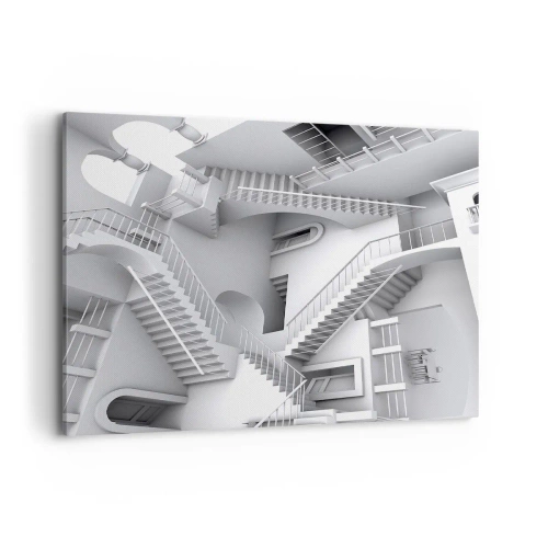 Obraz na płótnie - Abstrakcyjna kompozycja schodów w surrealistycznym układzie przestrzeni - 100x70cm - Paradoksy przestrzeni - Nowoczesna dekoracja ścienna do salonu, kuchni i sypialni ARTTOR