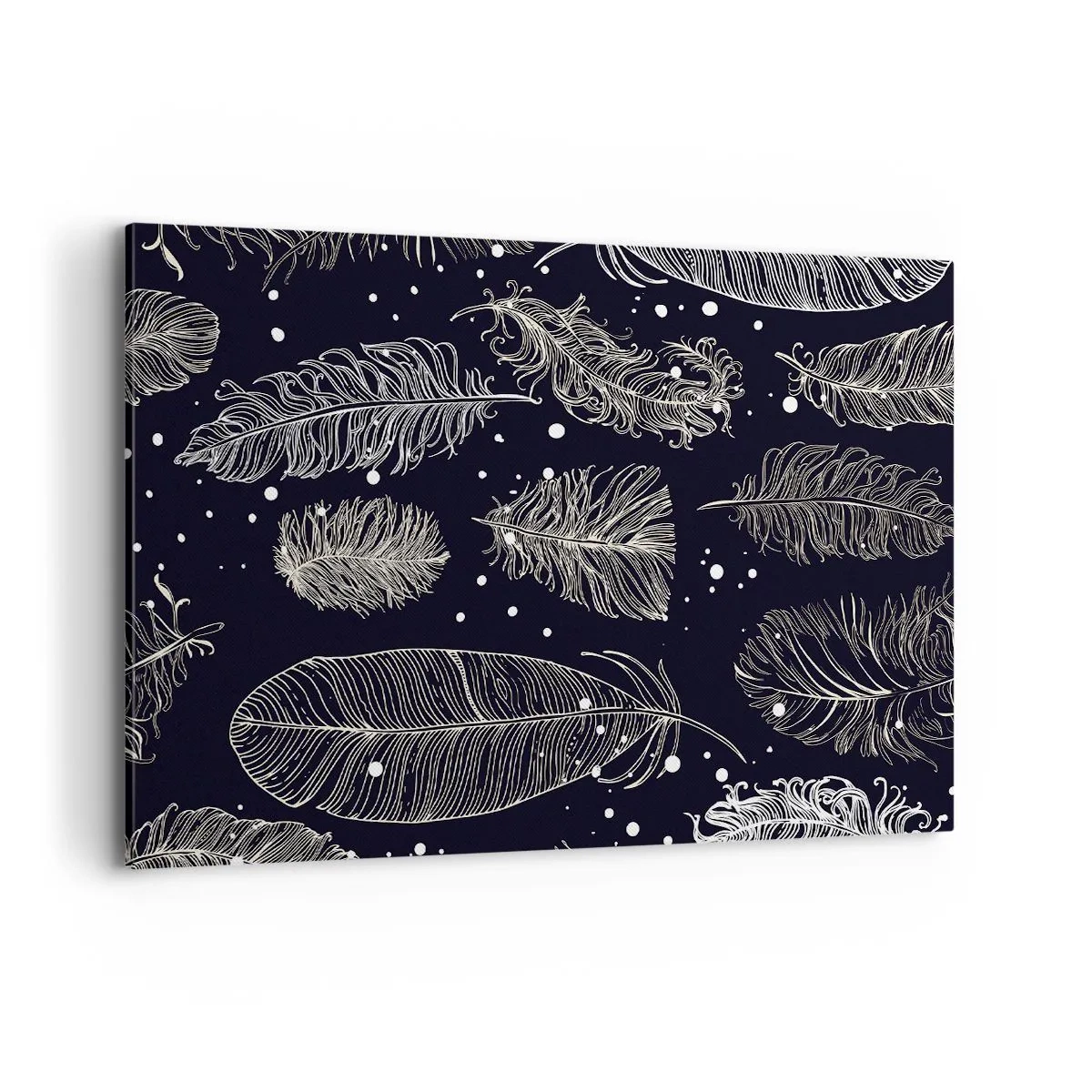 Obraz na płótnie - Delikatne białe pióra na granatowym tle - 120x80cm - Pierzasta koronka - Nowoczesna dekoracja ścienna do salonu, kuchni i sypialni ARTTOR