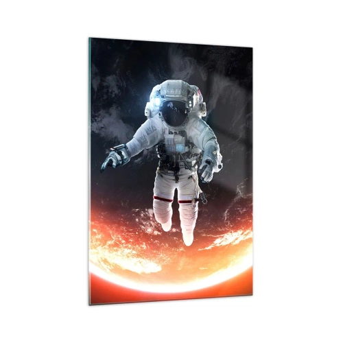 Obraz na szkle - Astronauta unoszący się nad Ziemią oświetloną słońcem - 70x100cm - Mogę zostać jeszcze chwilę? - Nowoczesna dekoracja ścienna do salonu i sypialni ARTTOR