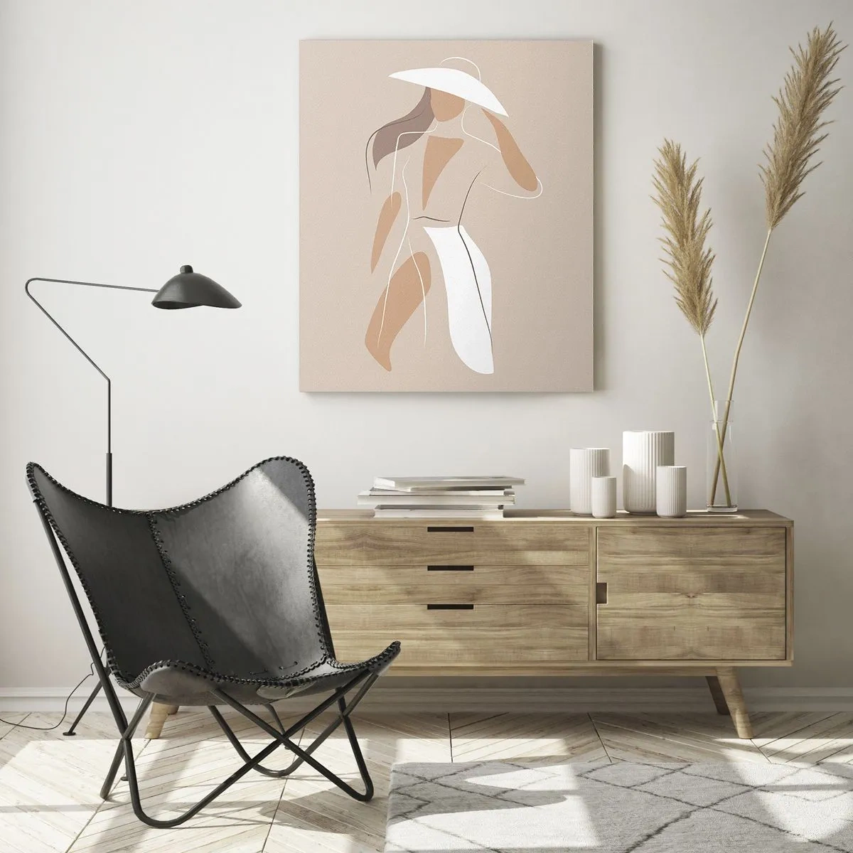 Obraz na szkle - Minimalistyczny rysunek kobiety w kapeluszu na beżowym tle - 80x120cm - Moda to zabawa - Nowoczesna dekoracja ścienna do salonu i sypialni ARTTOR