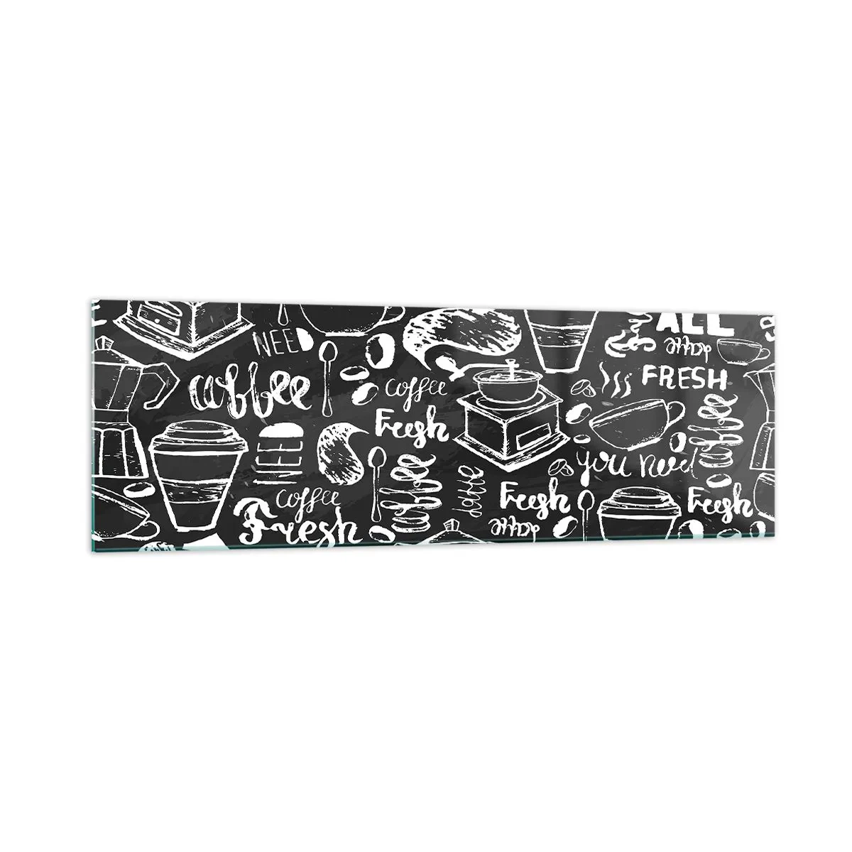 Obraz na szkle - Stylowa grafika kawowa na czarnym tle - 160x50cm - All you need is… - Nowoczesna dekoracja ścienna do salonu i sypialni ARTTOR
