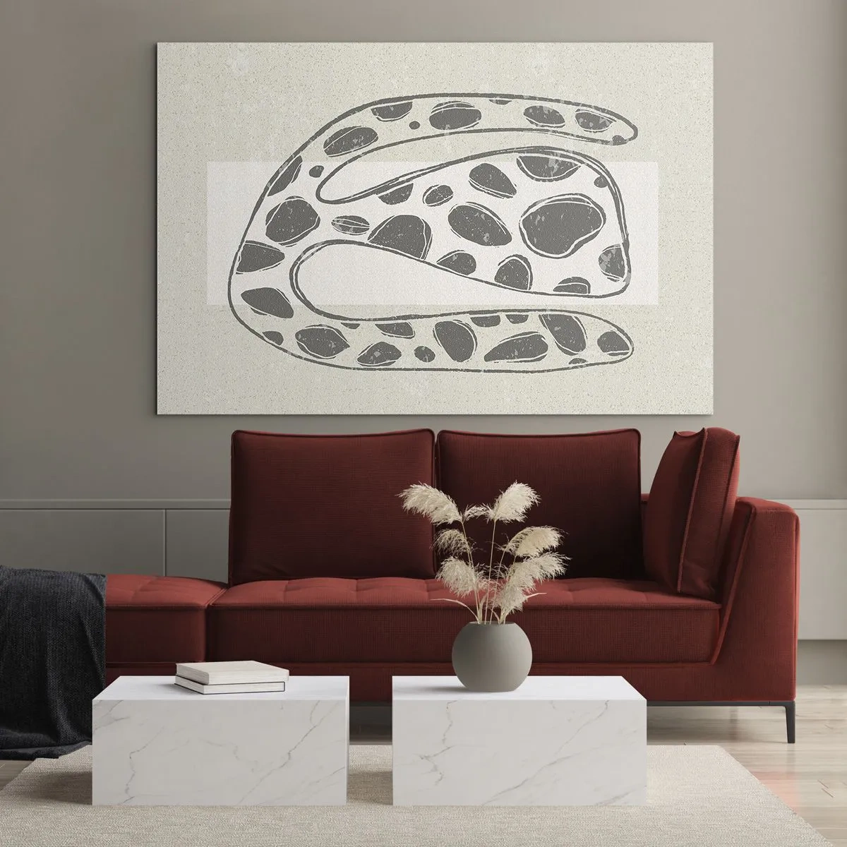 Obraz na szkle - Fantazyjna organiczna forma w odcieniach szarości na beżu - 70x50cm - Przedziwne stworzenie - Nowoczesna dekoracja ścienna do salonu i sypialni ARTTOR