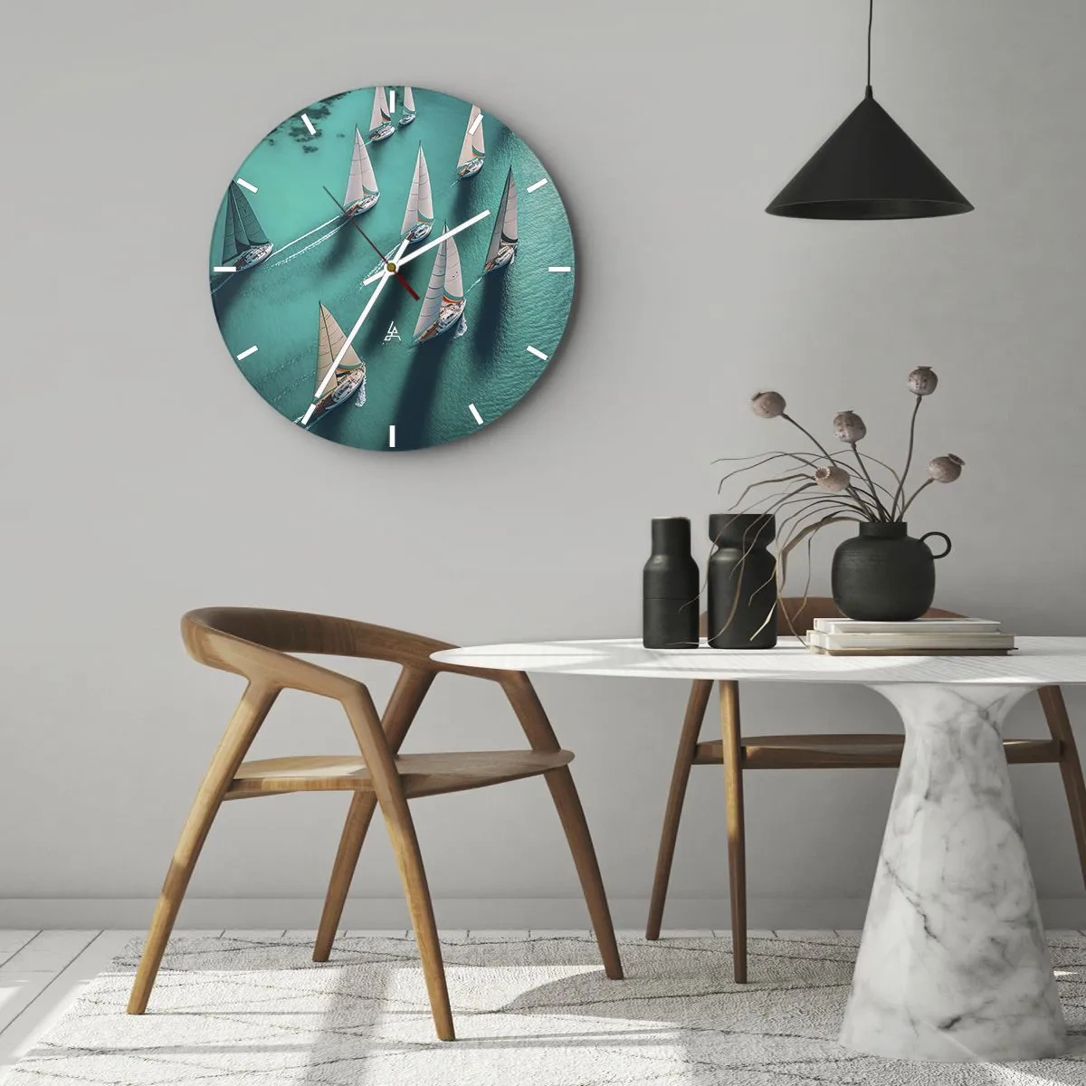 Zegar ścienny - Jachty żaglowe na turkusowej wodzie w dynamicznym układzie - 30x30cm - W zawody z wiatrem - Nowoczesna dekoracja ścienna do salonu, kuchni i sypialni ARTTOR