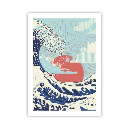 Plakat - Graficzna fala inspirowana japońskim stylem z czerwonym słońcem - 50x70cm - Z japońskich inspiracji - Nowoczesna dekoracja ścienna do salonu, kuchni i sypialni ARTTOR
