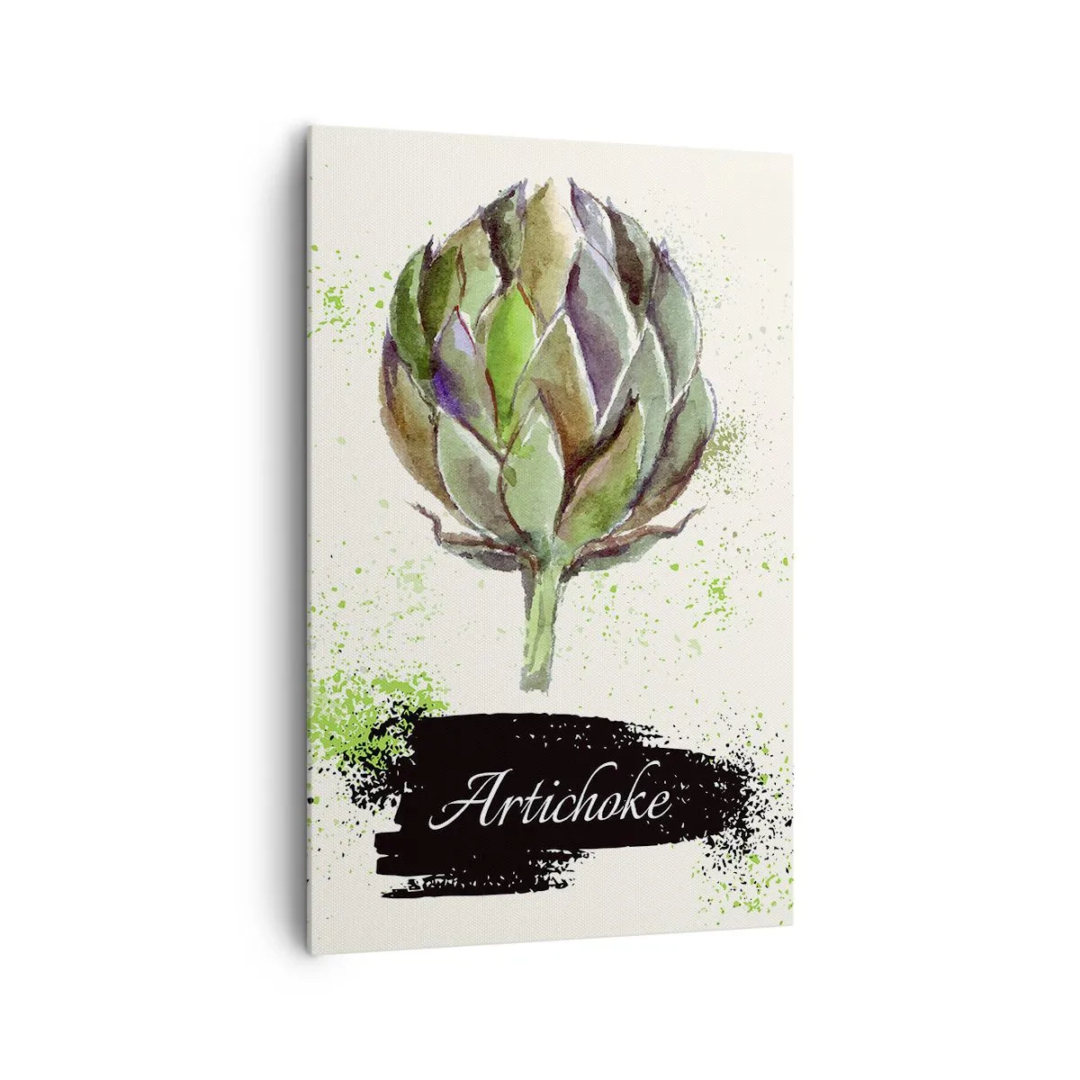 Obraz na płótnie - Akwarelowy karczoch z napisem na jasnym tle z zielonymi akcentami - 80x120cm - Eviva warzywa! - Nowoczesna dekoracja ścienna do salonu i sypialni ARTTOR