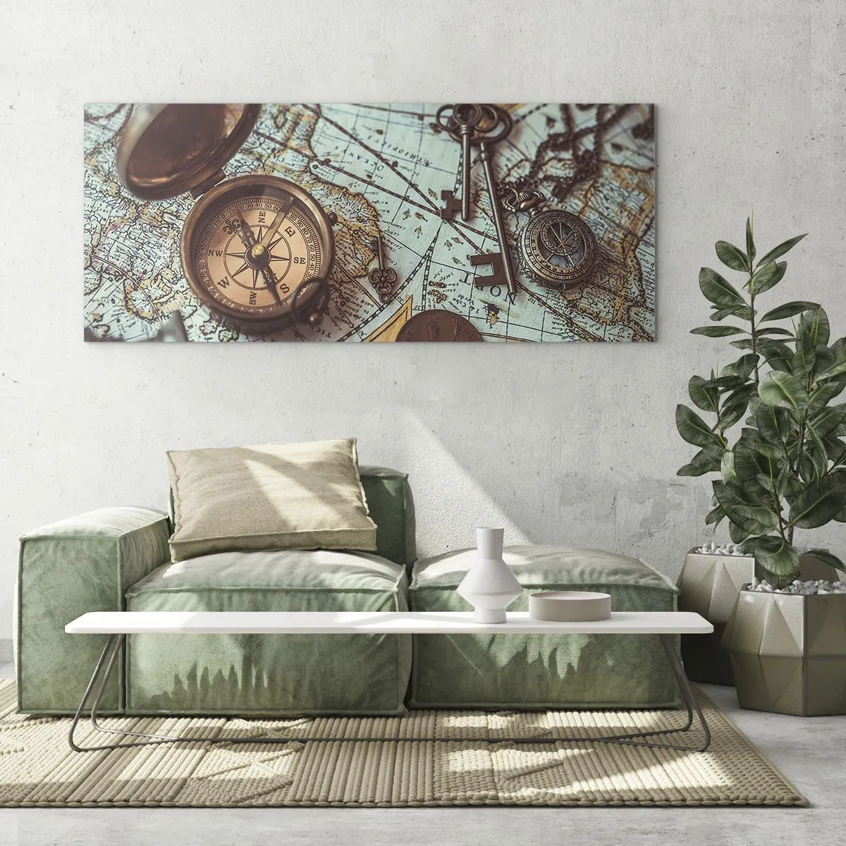 Obraz na szkle - Kompozycja z kompasem, kluczami i starą mapą w stylu retro - 120x50cm - Dla poszukiwacza przygód - Nowoczesna dekoracja ścienna do salonu i sypialni ARTTOR