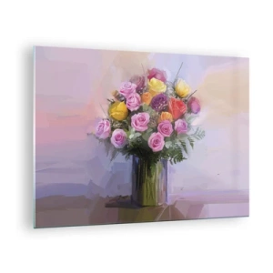Obraz na szkle - Bukiet róż w szklanym wazonie na pastelowym tle - 70x50cm - Zatrzymane piękno - Nowoczesna dekoracja ścienna do salonu i sypialni ARTTOR