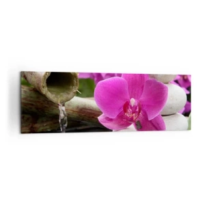Obraz na płótnie - Fioletowa orchidea, kamienie i bambus z wodą w relaksacyjnym otoczeniu - 160x50cm - Już odpoczywasz - Nowoczesna dekoracja ścienna do salonu i sypialni ARTTOR