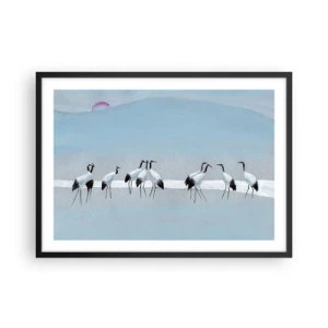 Plakat w czarnej ramie - Grupa żurawi na tle błękitnego nieba i wschodzącego słońca - 70x50cm - Po gorącym dniu - Nowoczesna dekoracja ścienna do salonu i sypialni ARTTOR