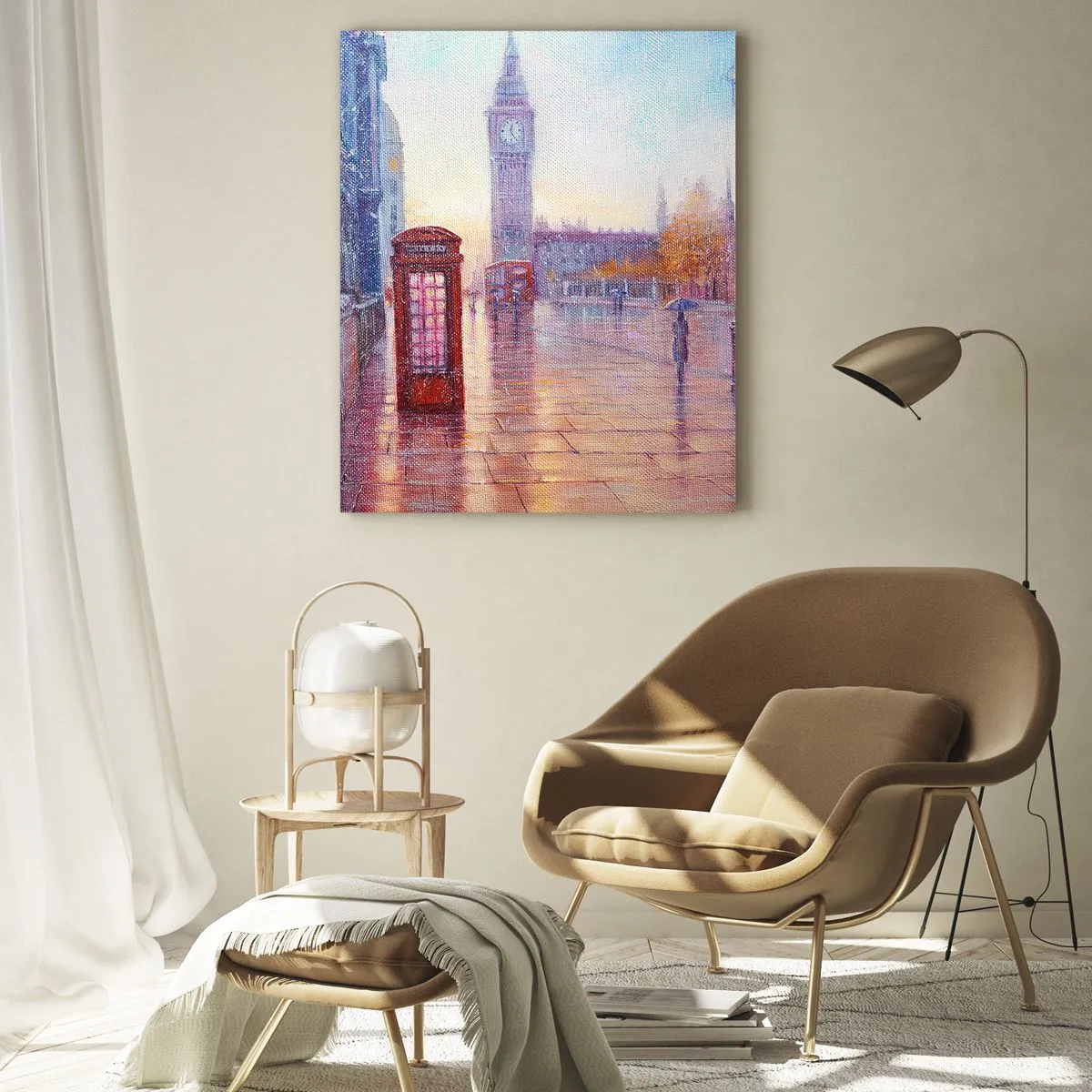 Obraz na szkle - Londynska scena w deszczu z Big Benem i czerwoną budką - 50x70cm - Londyński jesienny dzień - Nowoczesna dekoracja ścienna do salonu, kuchni i sypialni ARTTOR