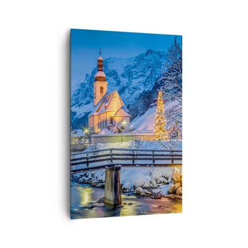 Obraz na płótnie - Zimowy krajobraz z kościołem, mostem i górami o zmierzchu - 80x120cm - Duch Świąt - Nowoczesna dekoracja ścienna do salonu i sypialni ARTTOR