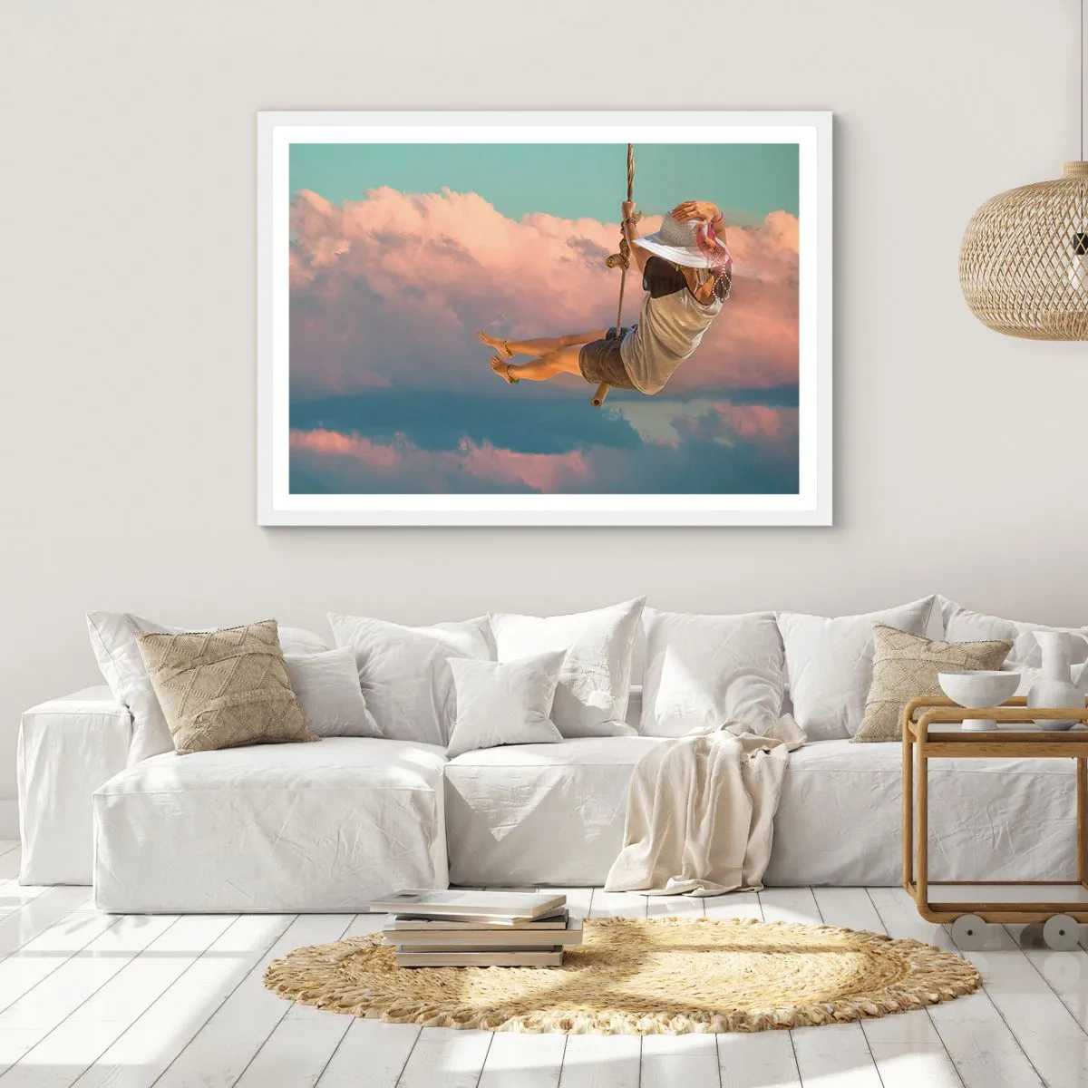 Plakat w białej ramie - Zabawa w obłokach - 70x50 cm