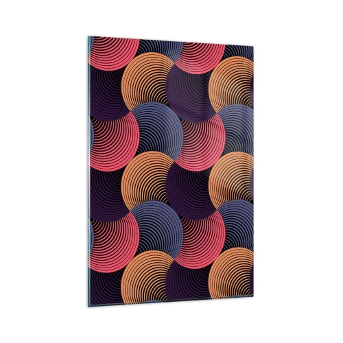 Obraz na szkle - Geometryczne kręgi w odcieniach różu, fioletu i złota - 80x120cm - W kolistym rytmie - Nowoczesna dekoracja ścienna do salonu i sypialni ARTTOR