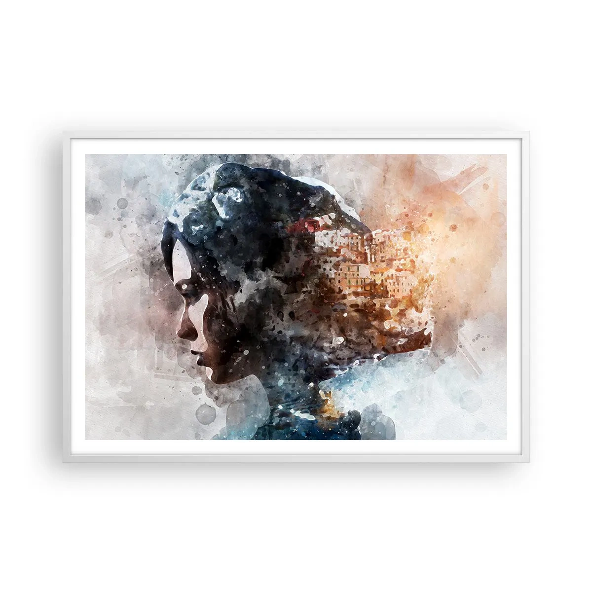 Plakat w białej ramie - Opowieść o dziewczynie z miastem w tle - 100x70 cm