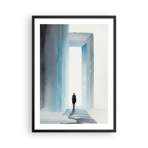Plakat w czarnej ramie - Postać idąca przez niebieską bramę, symbolizująca wolność i bezgraniczne możliwości - 50x70cm - Żyj bez ograniczeń - Nowoczesna dekoracja ścienna do salonu i sypialni ARTTOR