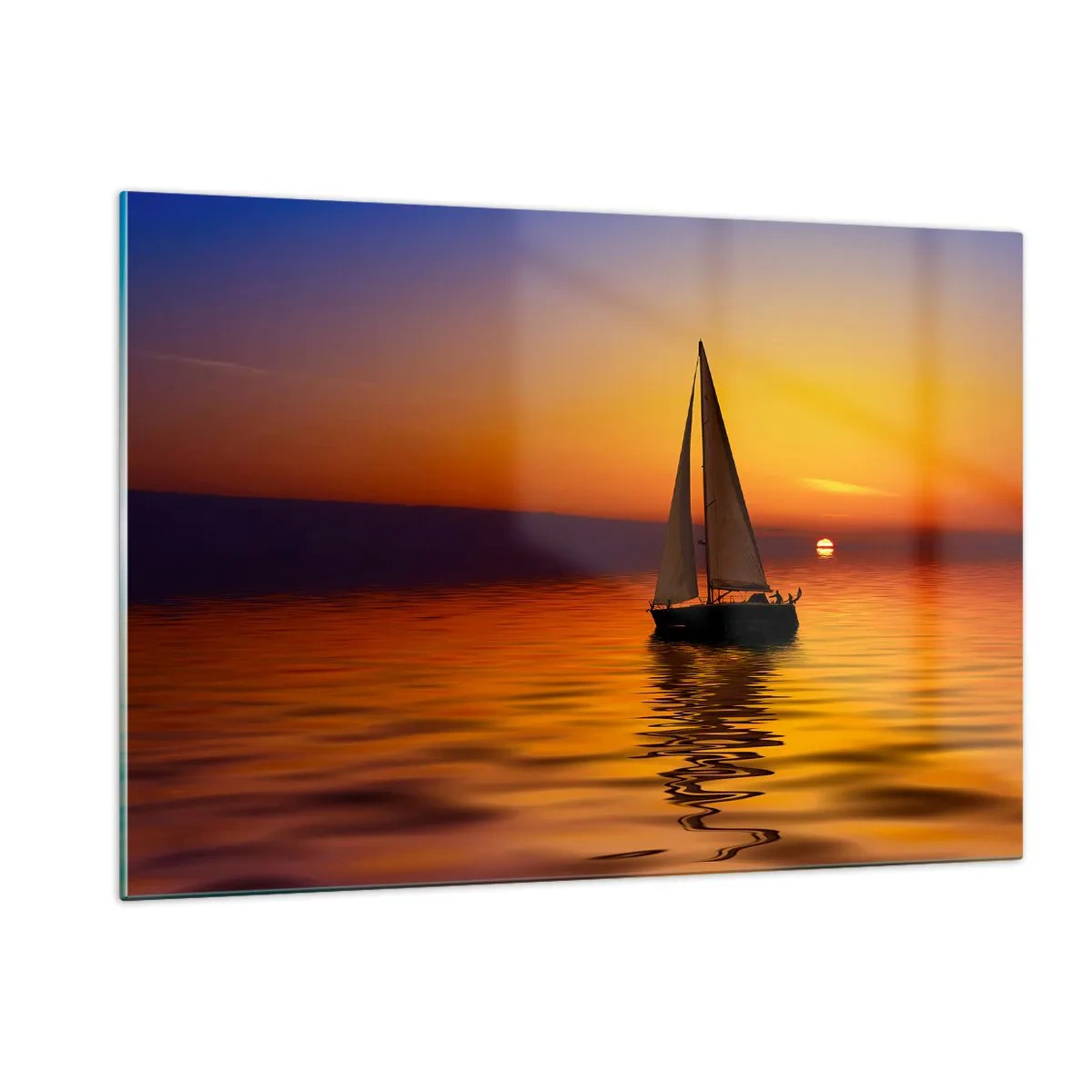 Obraz na szkle - Żaglówka na wodzie o zachodzie słońca - 120x80cm - Jak tu cicho o zmierzchu… - Nowoczesna dekoracja ścienna do salonu, kuchni i sypialni ARTTOR