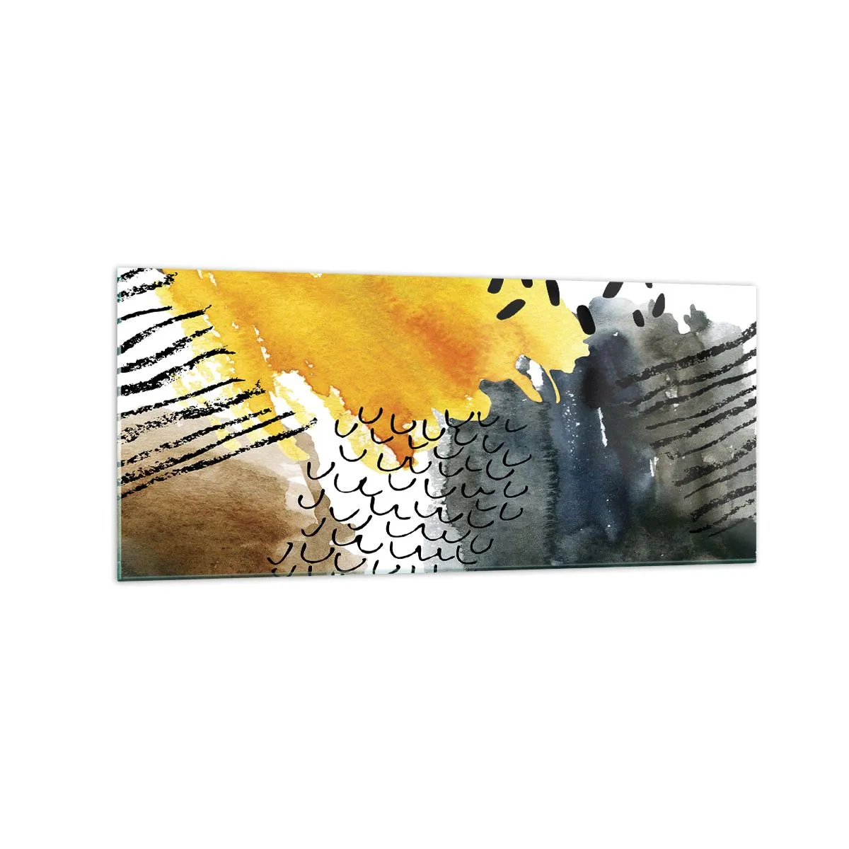 Obraz na szkle - Abstrakcyjna kompozycja z żółtymi akcentami i graficznymi wzorami - 120x50cm - Spotkanie żywiołów - Nowoczesna dekoracja ścienna do salonu i sypialni ARTTOR