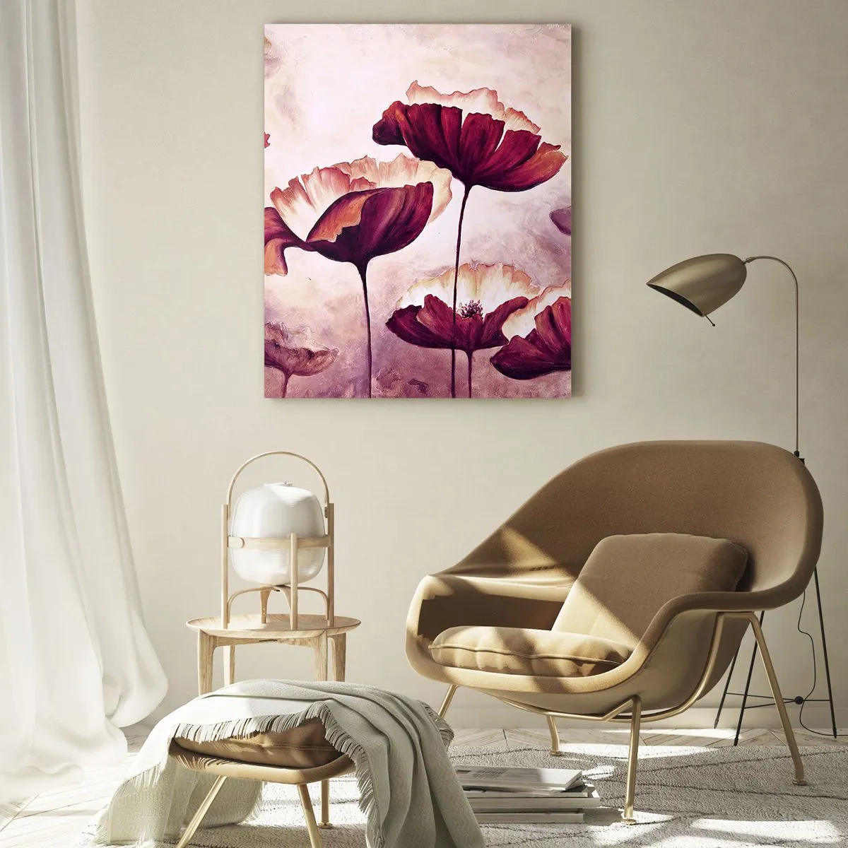 Obraz na szkle - Czerwono-białe maki na tle jasnego nieba - 50x70cm - Płatek czerwony i biały - Nowoczesna dekoracja ścienna do salonu, kuchni i sypialni ARTTOR