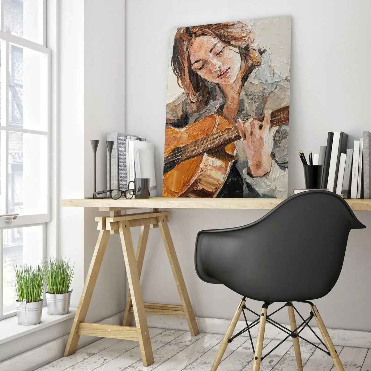 Obraz na szkle - Dziewczyna grająca na gitarze w impresjonistycznym stylu - 50x70cm - Koncert na gitarę i dziewczęce serce - Nowoczesna dekoracja ścienna do salonu, kuchni i sypialni ARTTOR